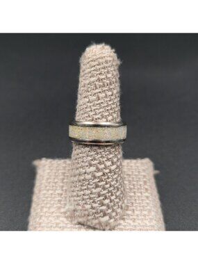 Size 7 Stainless Steel White Fire Opal Inlay Band Ring A7396